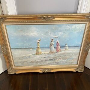 Marie Charlot Original Art Oil On Canvas Signed 24”x 36” Fashion Women On Beach
